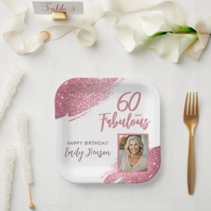 60 and Fabulous Pink Glitter Photo 60th Birthday Paper Plate