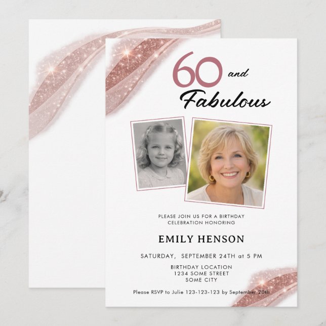 60 and Fabulous Rose Gold 2 Photo Birthday Invitation (Front/Back)