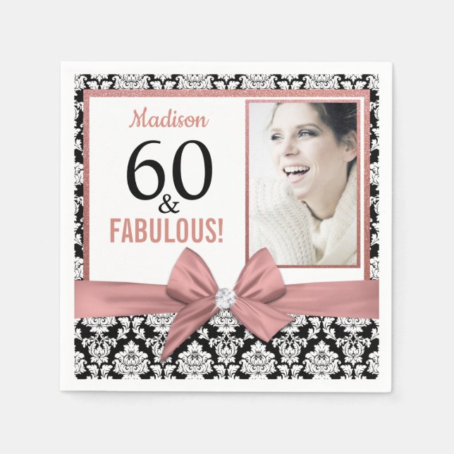60 and Fabulous Rose gold bow damask 60th Birthday Napkin (Front)