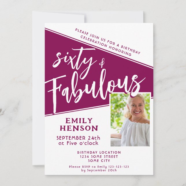 60 and Fabulous Script Magenta Photo 60th Birthday Invitation (Front)