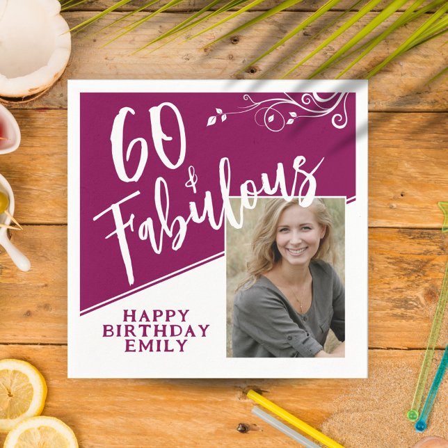 60 and Fabulous Script Photo Magenta 60th Birthday Napkin (Creator Uploaded)