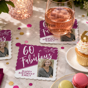 60 and Fabulous Script Photo Magenta 60th Birthday Paper Coaster