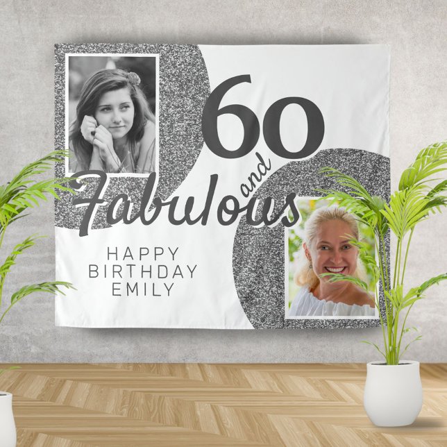 60 and Fabulous Silver Glitter 2 Photo Birthday  Tapestry (Creator Uploaded)