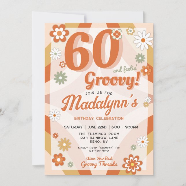 60 and feelin Groovy Retro Birthday  Invitation (Front)