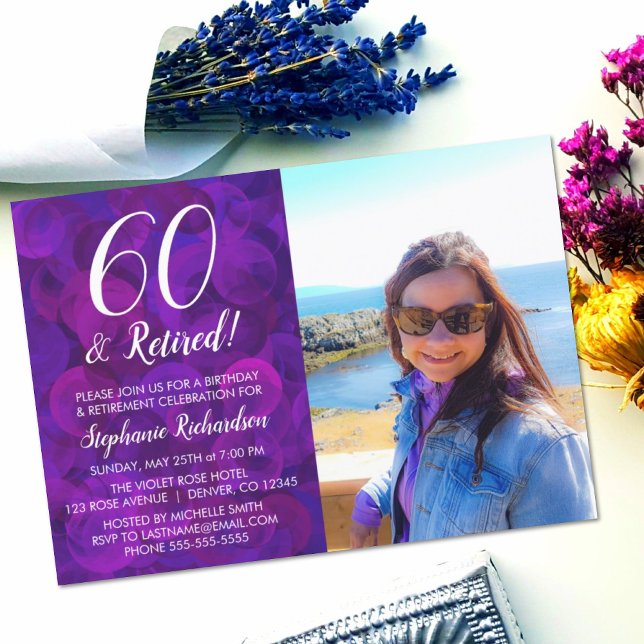 60 and Retired Elegant Purple Birthday Retirement Invitation (Creator Uploaded)