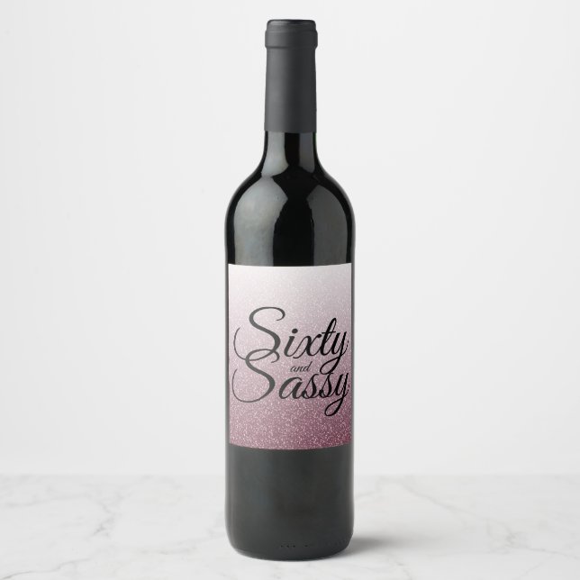 60 and Sassy 60th Birthday Purple Glitter Ombre Wine Label (Front)