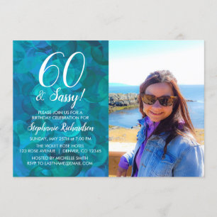 60 and Sassy Abstract Ocean Blue Photo Birthday Invitation