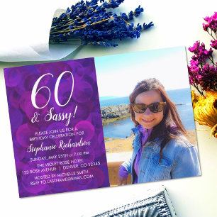 60 and Sassy Elegant Purple Photo Birthday Invitation