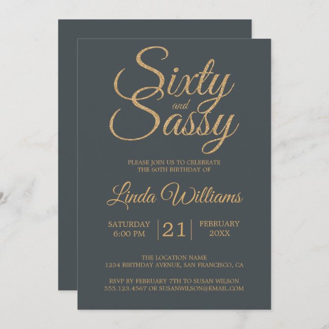 60 and Sassy Off-Black Gold 60th Birthday Party Invitation (Front/Back)