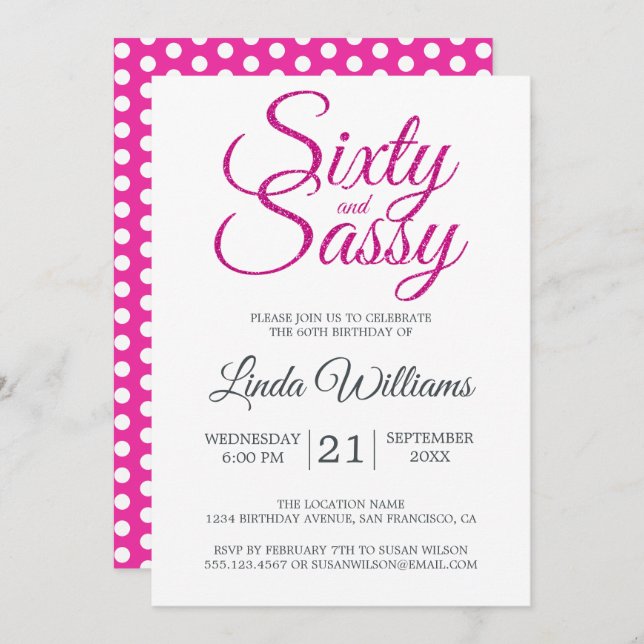60 and Sassy Pink Glitter 60th Birthday Party Invitation (Front/Back)