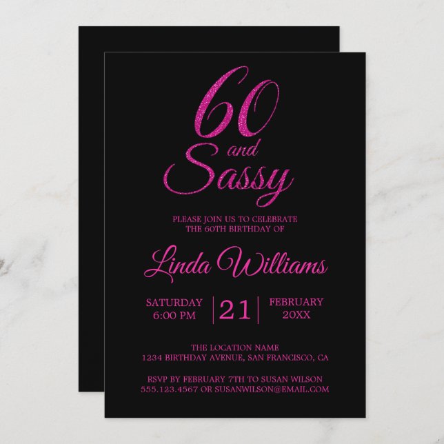 60 and Sassy Pink Glitter 60th Birthday Party Invitation (Front/Back)