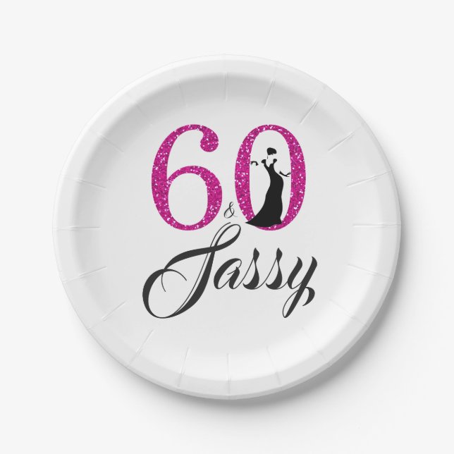 60 and Sassy Pink Glitter Birthday Party Paper Plate (Front)