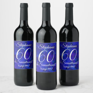 60 and Sensational Elegant Royal Blue Personalised Wine Label