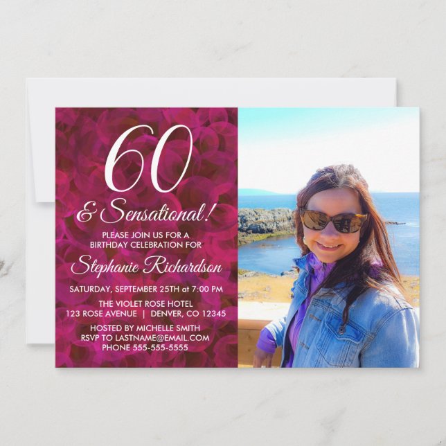 60 and Sensational Red Rose Photo Birthday Invitation (Front)