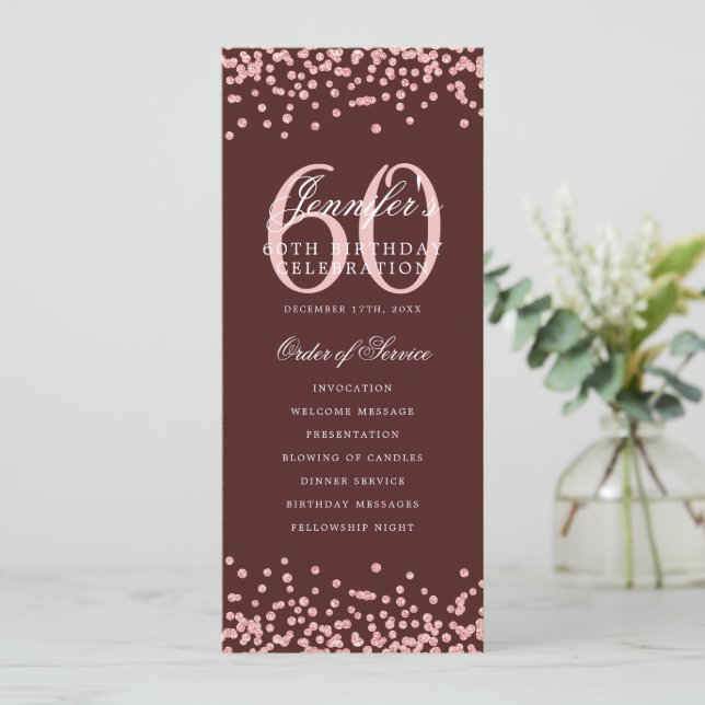 60 Birthday Program Menu Thanks Rose Gold Burgundy Invitation (Standing Front)