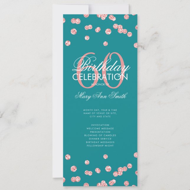 60 Birthday Program Rose Gold Glitter Menu Teal  Invitation (Front)