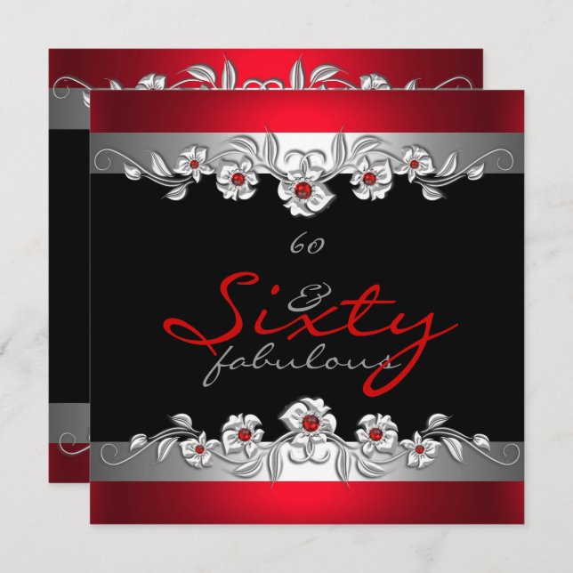60 Fabulous 60th Birthday Party Silver Red 2 Invitation (Front/Back)