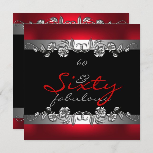 60 Fabulous 60th Birthday Party Silver Red Invitation (Front/Back)