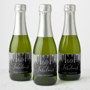 60 fabulous birthday black glitter drips silver sparkling wine label
