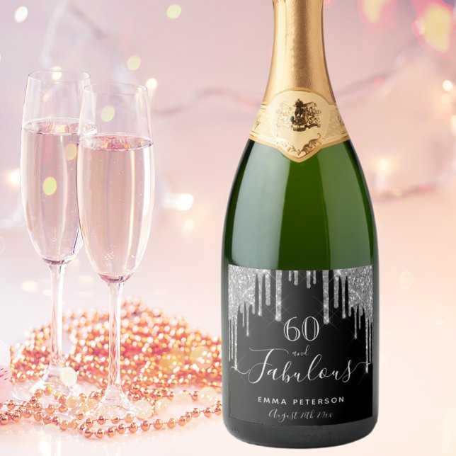 60 fabulous birthday black glitter silver sparkle sparkling wine label (Creator Uploaded)