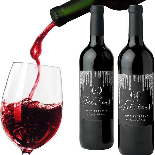 60 fabulous birthday black glitter silver sparkle wine label (Creator Uploaded)