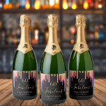 60 fabulous birthday black pink glitter drips name sparkling wine label<br><div class="desc">A trendy and elegant 60th birthday wine label. A classic black background decorated with rainbow coloured faux gold glitter drips, paint dripping look in purple, pink and gold. With the text: 60 and fabulous. Personalise and add a name and a date. Date of birth or the date of the party....</div>