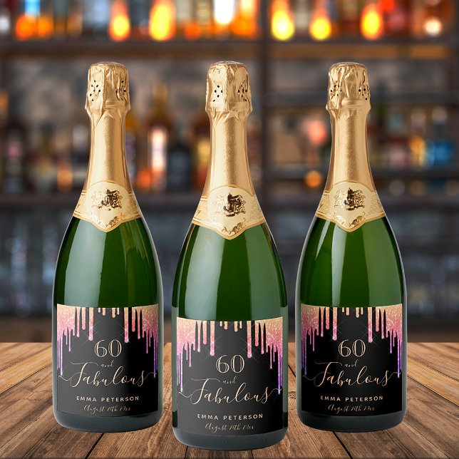 60 fabulous birthday black pink glitter drips name sparkling wine label (Creator Uploaded)