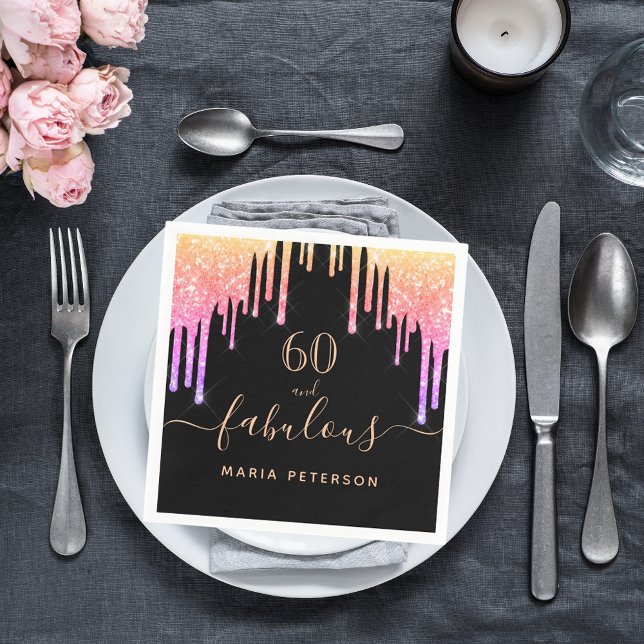 60 fabulous birthday black rainbow glitter sparkle napkin (Creator Uploaded)