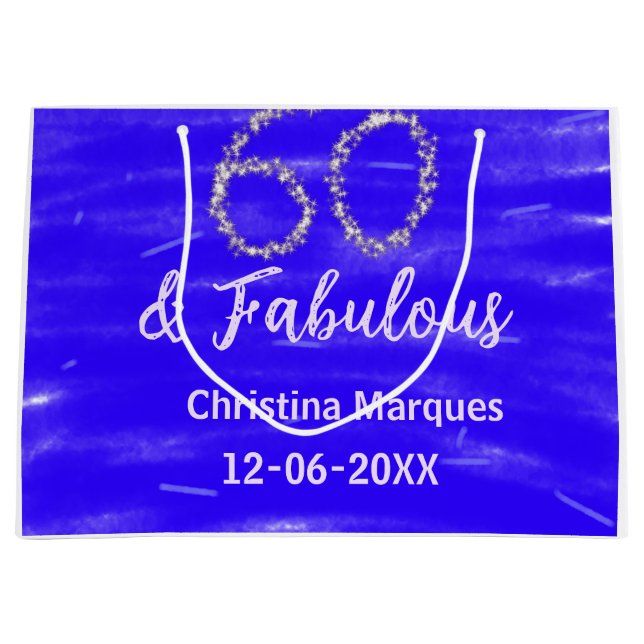 60 & fabulous birthday blue silver add name date large gift bag (Front)