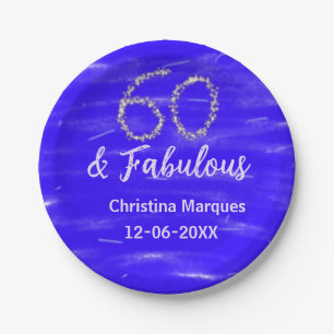 60 & fabulous birthday blue silver add name date paper plate