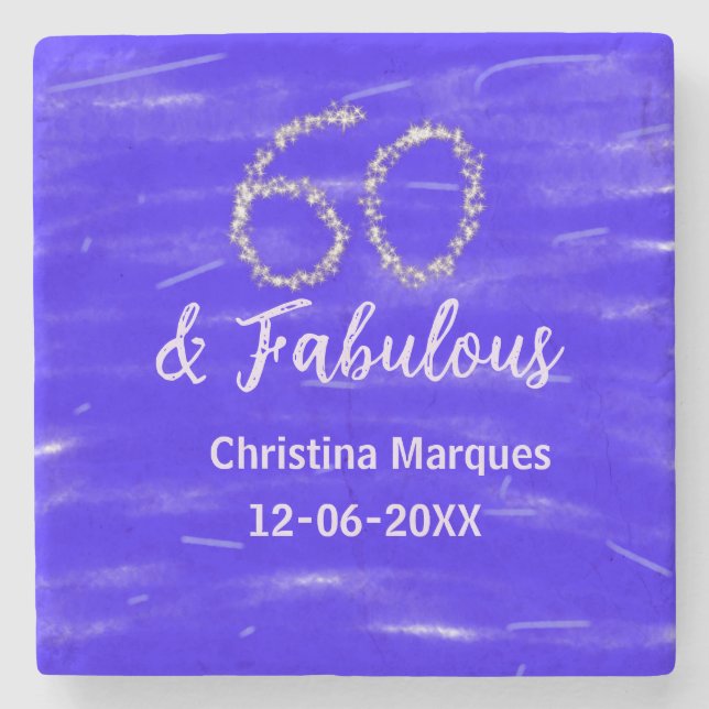 60 & fabulous birthday blue silver add name date stone coaster (Front)