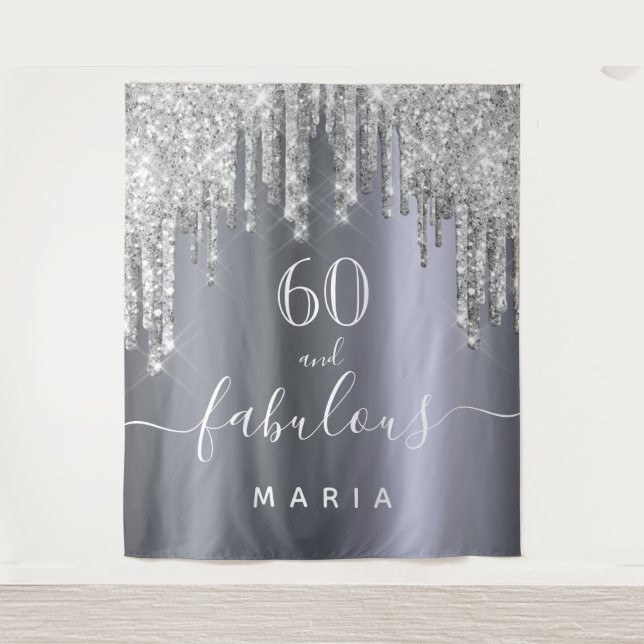 60 fabulous birthday party glitter silver sparkle tapestry (Front)