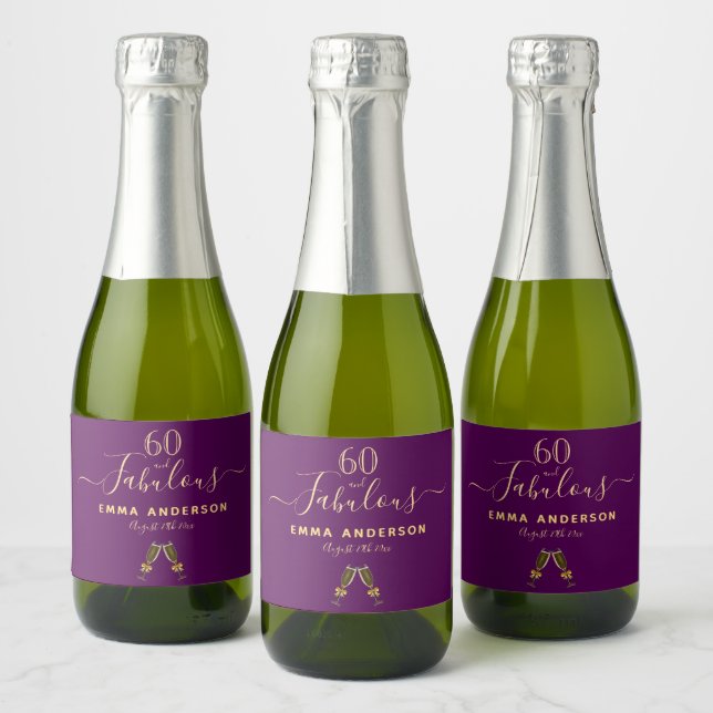 60 fabulous birthday party purple gold monogram sparkling wine label (Bottles)