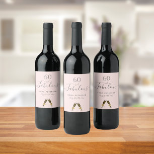 60 fabulous birthday party rose gold blush pink wine label