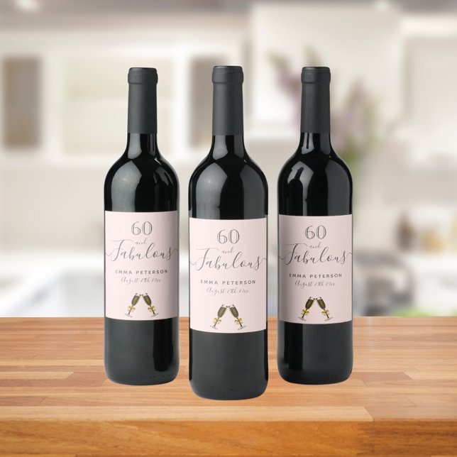 60 fabulous birthday party rose gold blush pink wine label (Creator Uploaded)