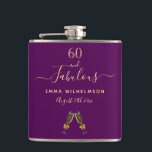 60 fabulous birthday photo purple monogram friends hip flask<br><div class="desc">Simple, fun and elegant 60th birthday gift for a woman from her best friend(s) family or coworkers. A feminine chic deep purple background with two champagne glasses, flutes as decor. With the text: 60 and fabulous. Personalise and add a name and a date. Golden coloured letters. The word Fabulous is...</div>