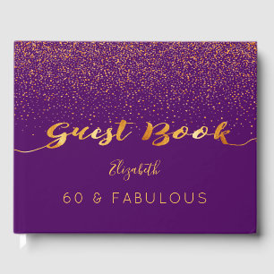 60 Fabulous birthday purple gold confetti Guest Book
