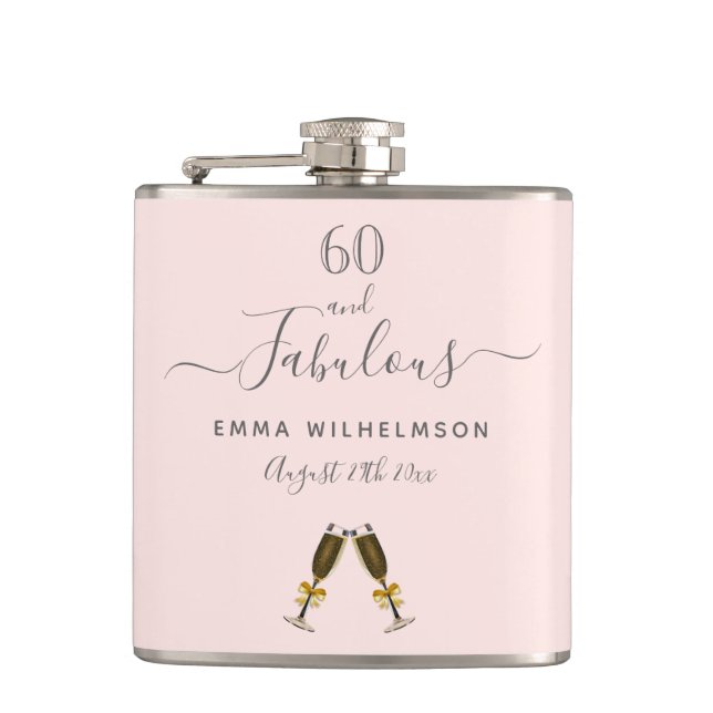 60 fabulous birthday rose gold blush photo hip flask (Front)