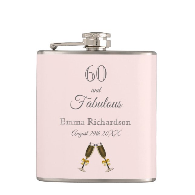 60 fabulous birthday rose gold blush pink monogram hip flask (Front)