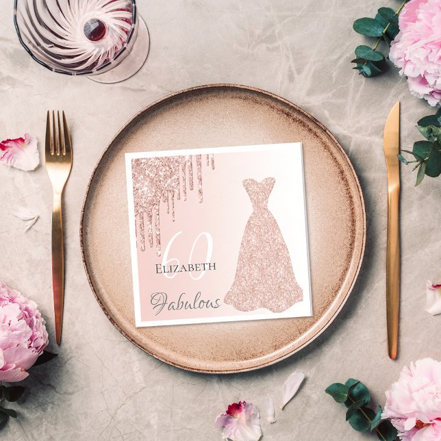 60 fabulous birthday rose gold dress glitter drip napkin (Creator Uploaded)