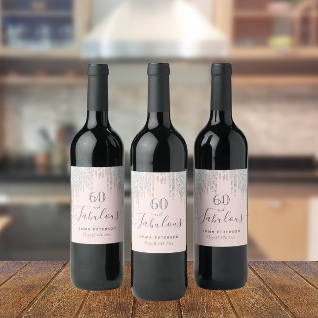 60 fabulous birthday rose gold glitter pink silver wine label (Creator Uploaded)