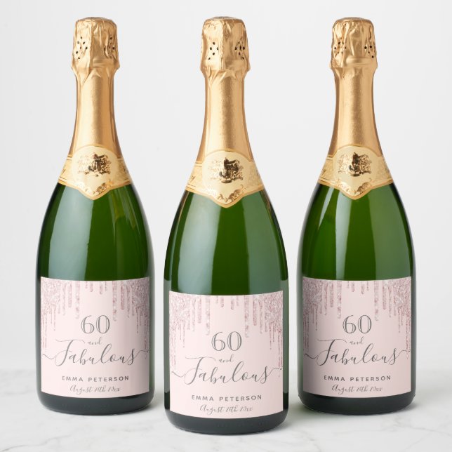 60 fabulous birthday rose gold glitter pink sparkling wine label (Bottles)