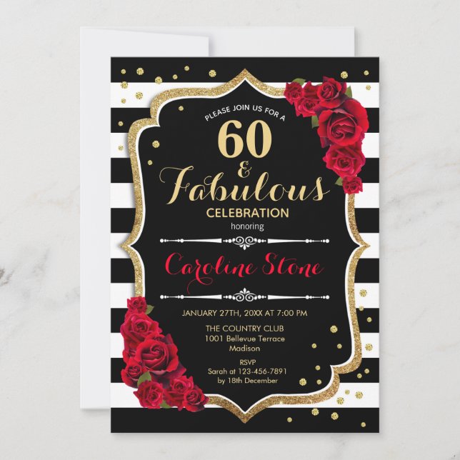 60 Fabulous Birthday -  Roses Black White Stripes Invitation (Front)