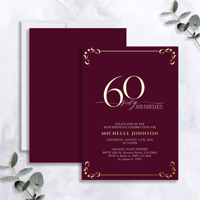 60 & Fabulous Burgundy & Gold Calligraphy Birthday (Creator Uploaded)