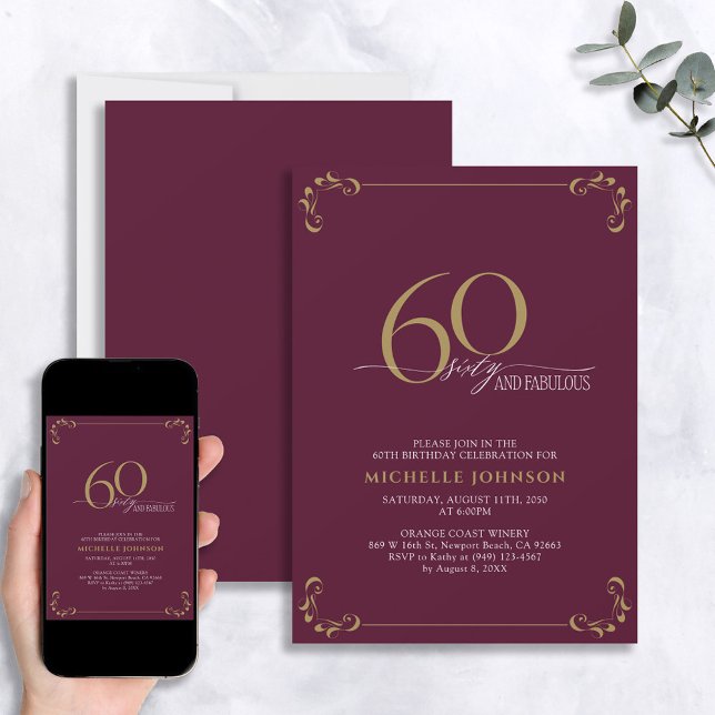 60 & Fabulous Burgundy White & Gold Birthday Invitation (Creator Uploaded)