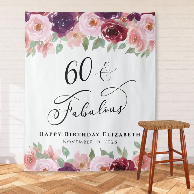 60 Fabulous Floral Watercolor Birthday Party Tapestry (Creator Uploaded)