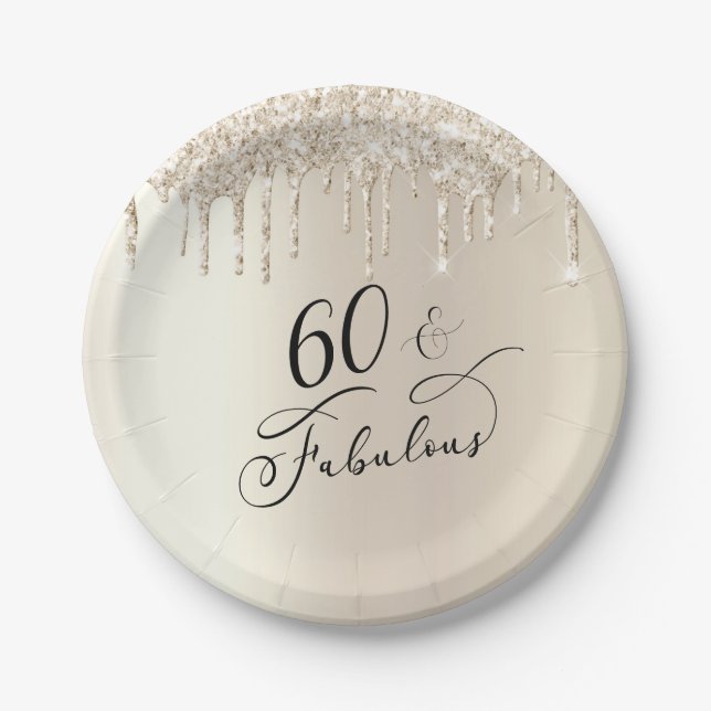 60 Fabulous Glitter Gold Birthday Party Paper Plate (Front)