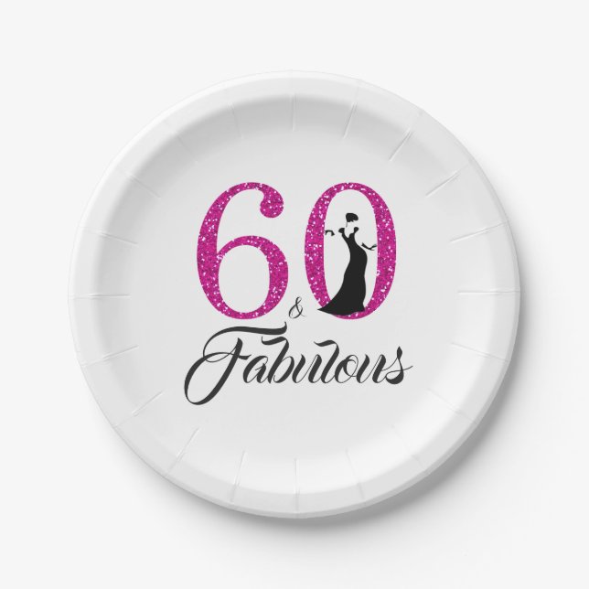 60 Fabulous Hot Pink Glitter 60th Birthday Party Paper Plate (Front)