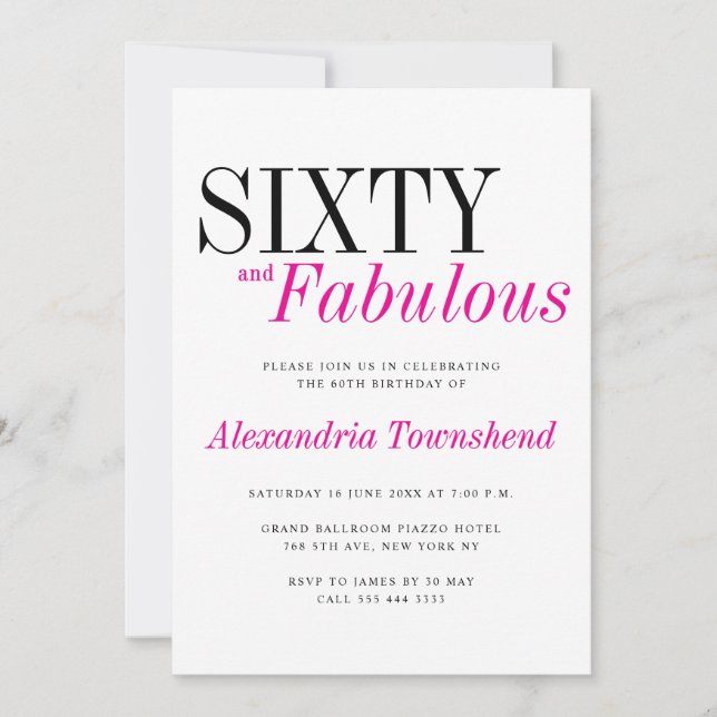 60 & Fabulous Modern Pink Typography 60th Birthday Invitation (Front)