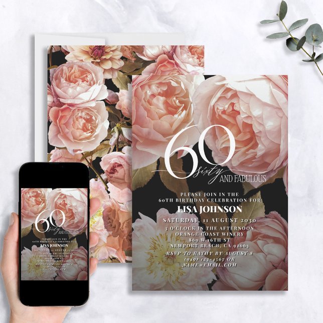 60 & Fabulous Moody Blush Pink Floral Botanical Invitation (Creator Uploaded)